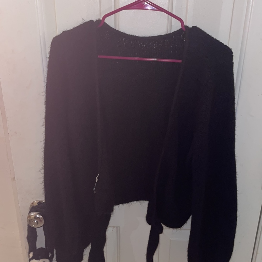Fuzzy tie sweater